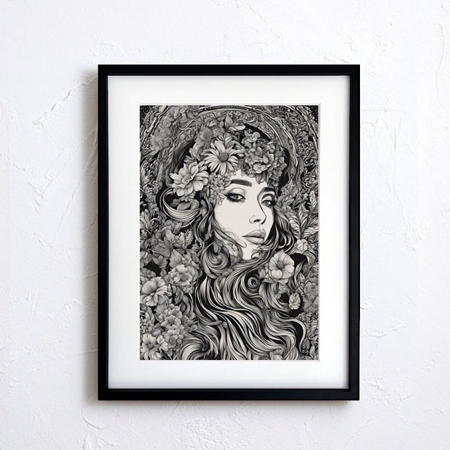Monochrome Muse｜花と女性が織りなす静寂の美｜白と黒で描く繊細なラインアートポスター｜上質なモノクロの世界A4ポスター