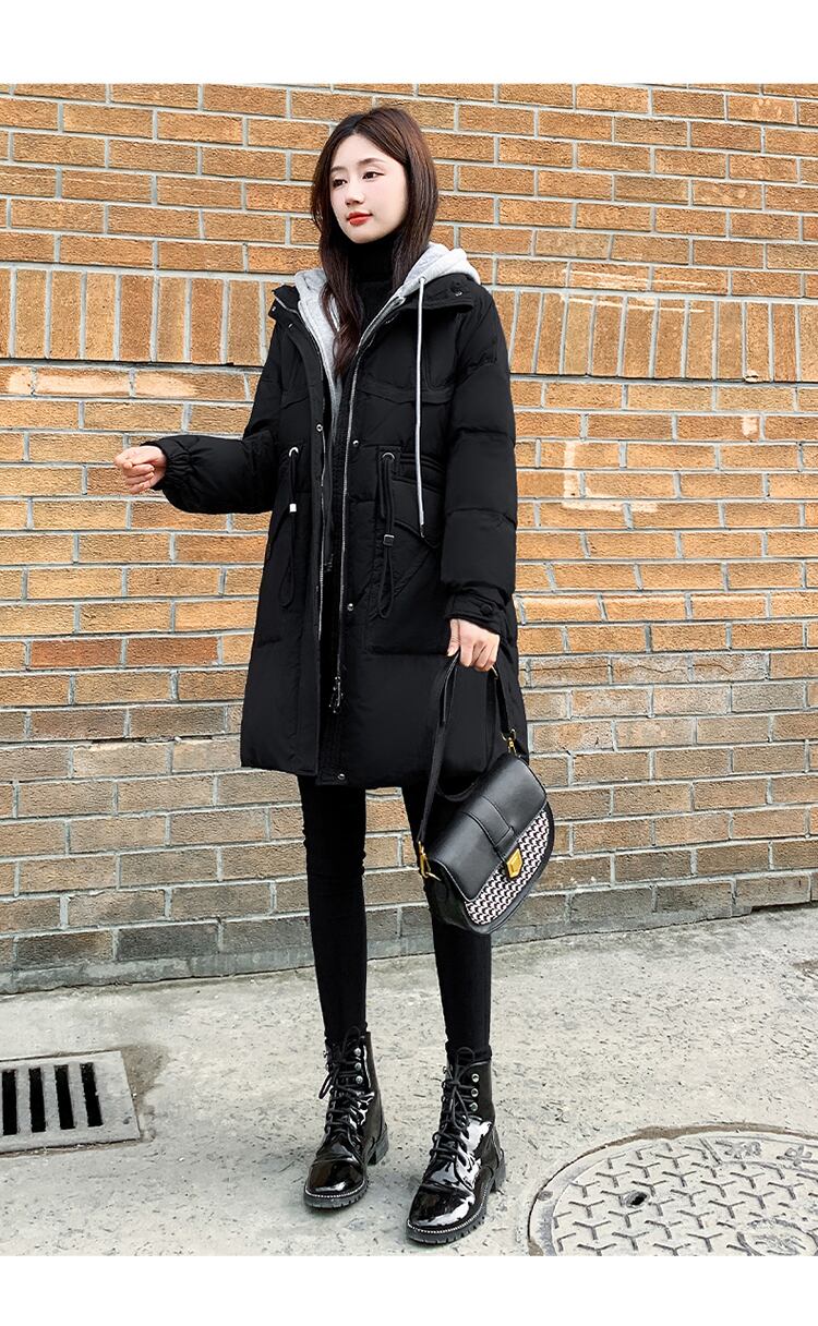 ダークグレーネイビー フード付きダウンジャケット 膝丈 ミドル Navy 