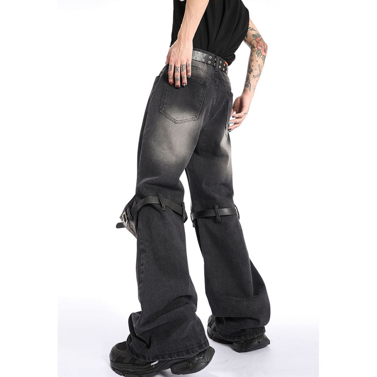 ストリート ウォッシュド加工 ベルト デニムパンツ P227