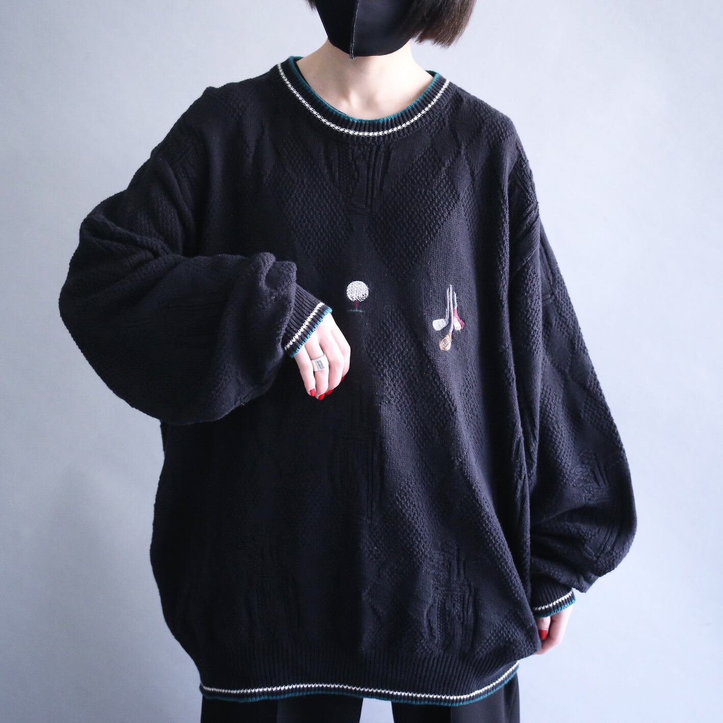 "刺繍" golf items good design rib line loose silhouette cotton sweater