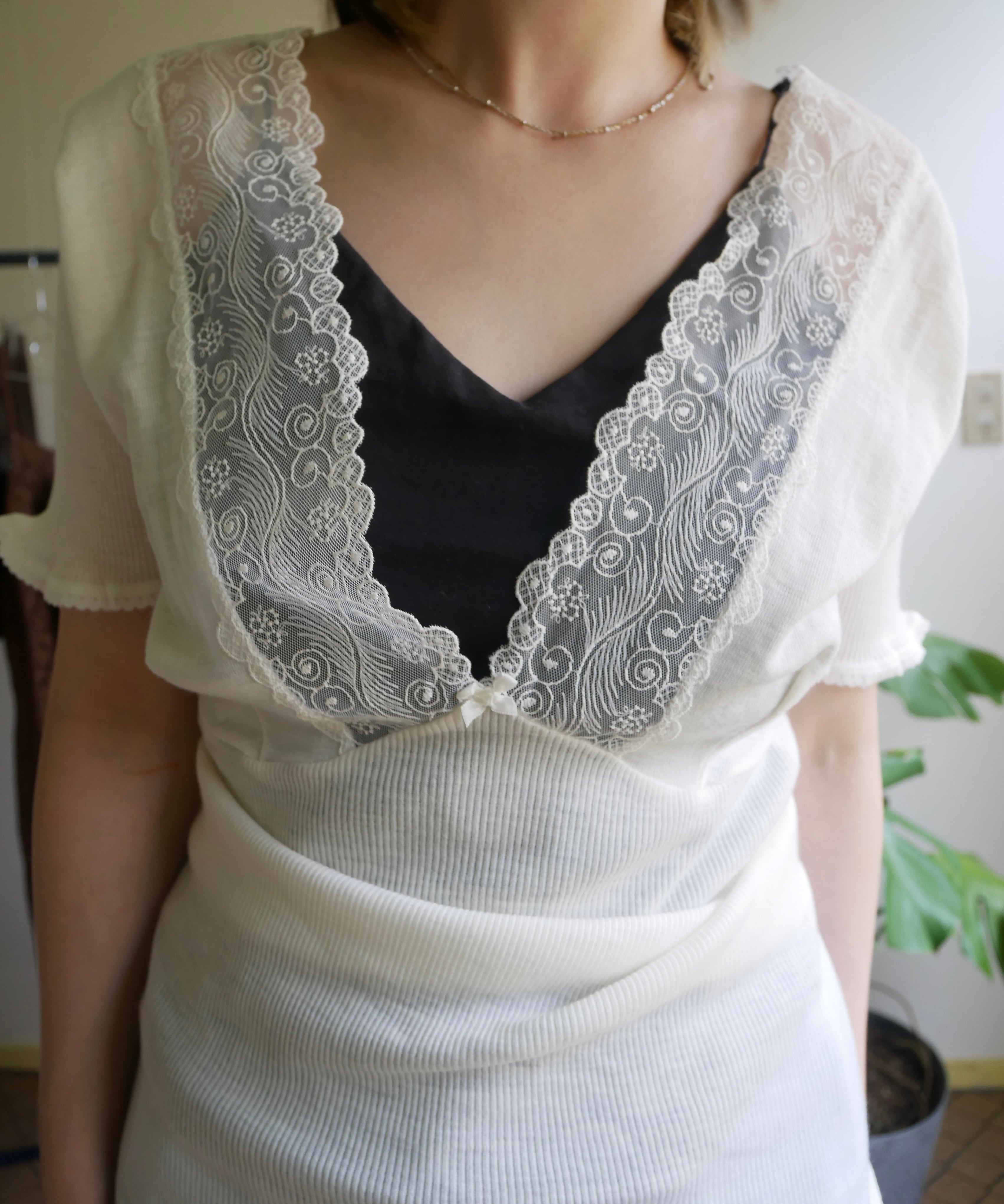 70s Italy "GRIGNASCO" Lace Rib Knit Top