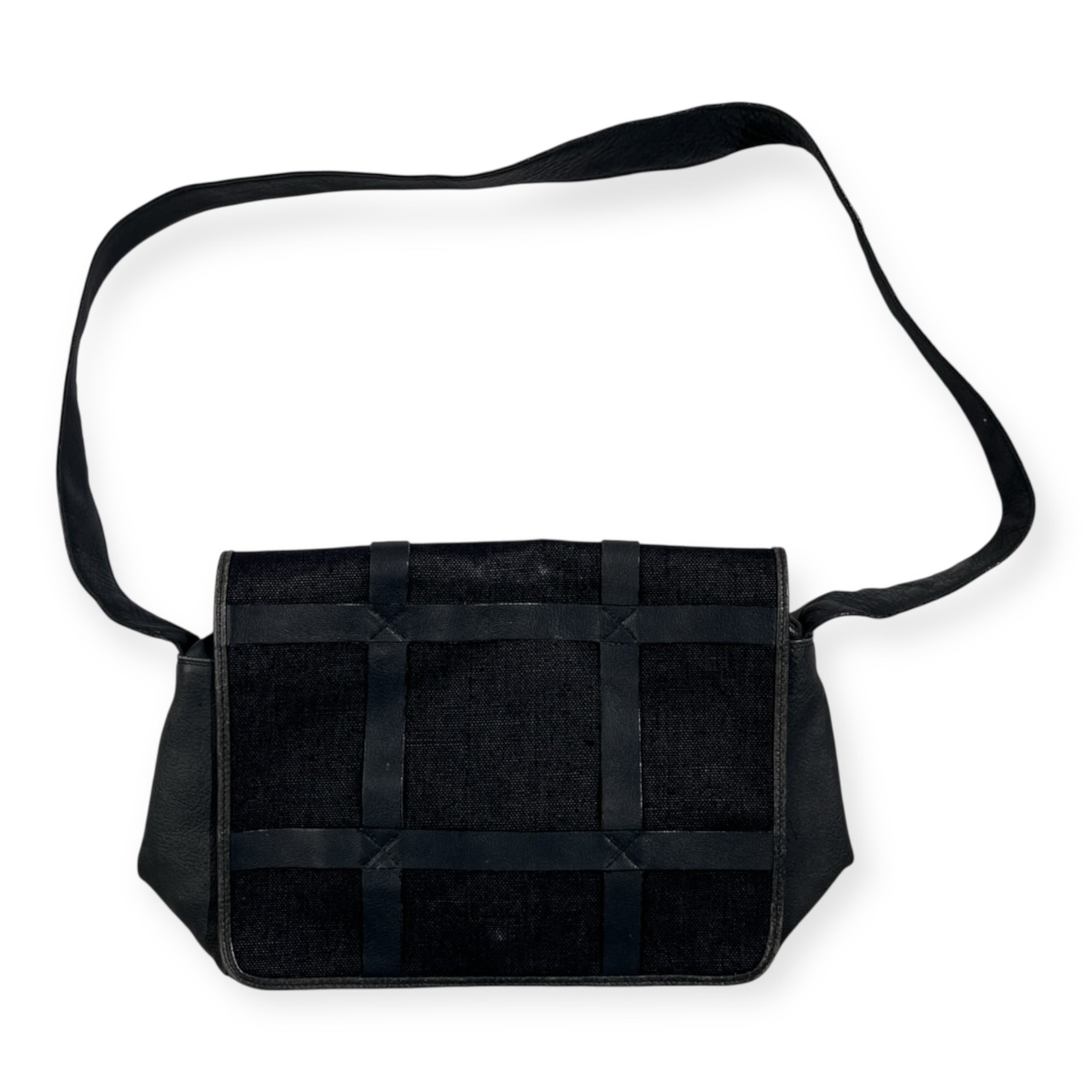 KRIZIA クリツィア ダック地 × 本革 レザー ショルダーバッグ /ネイビー インディゴ系/イタリア製/男女でも