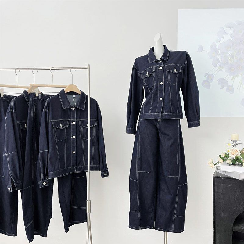 ワイドパンツ ストリート 2点セット デニムジャケット 韓国 セットアップ 2点セット デニム デニムジャケット デニムパンツ