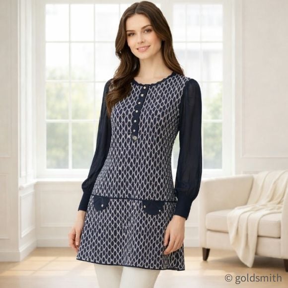 スーパービューティー チュニック ジャガード編み 袖パワーネット ニット 2521008 ネイビー 2025年秋冬 オーラボー Super Beauty 大人かわいい服 大人スタイル キレイメ レディース アパレル 女性 M L LL 30代 40代 50代 60代