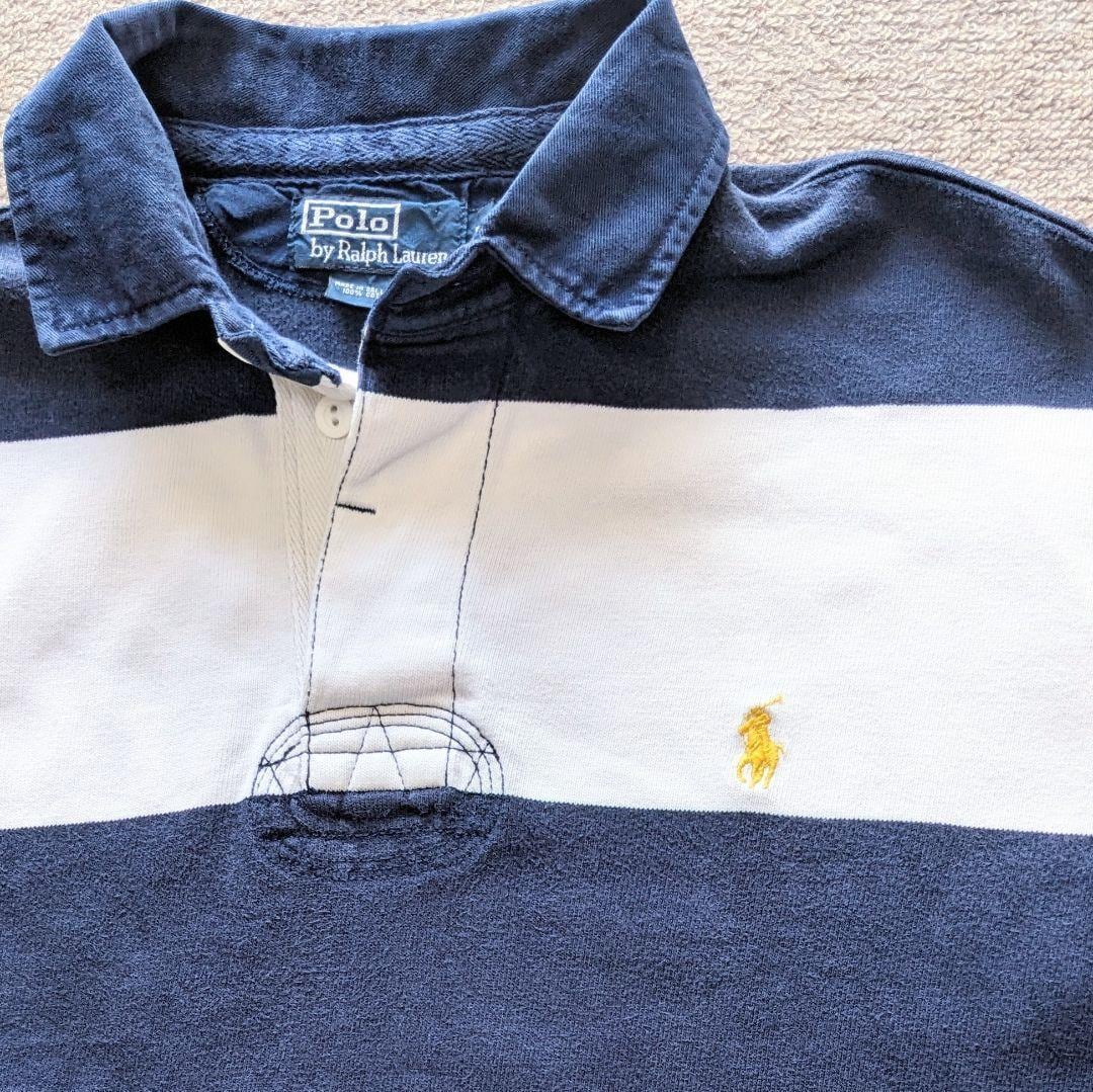90s ポロラルフローレン ラガーシャツ L 太ボーダー 黄紺 ポニー刺繍 古着 90s ポロバイラルフローレン ラガーシャツ 太ボーダー L 紺×白 黄