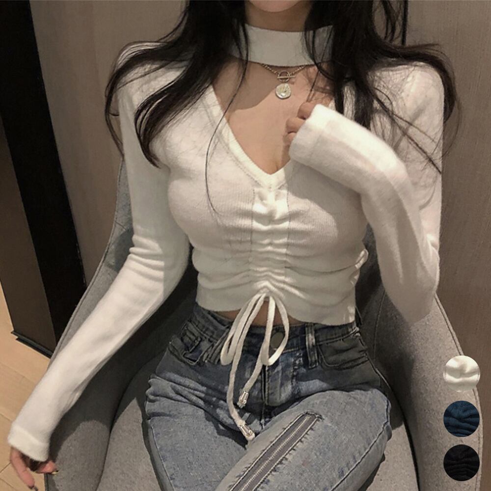 ショート ニットトップス ホルターネック