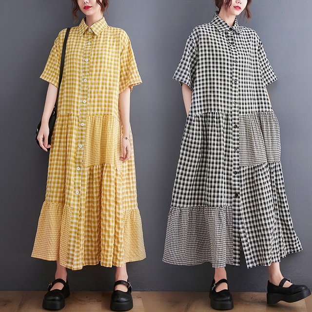 CHECKERED PATCHWORK DESIGN LONG SHIRT DRESS 2colors M-5146