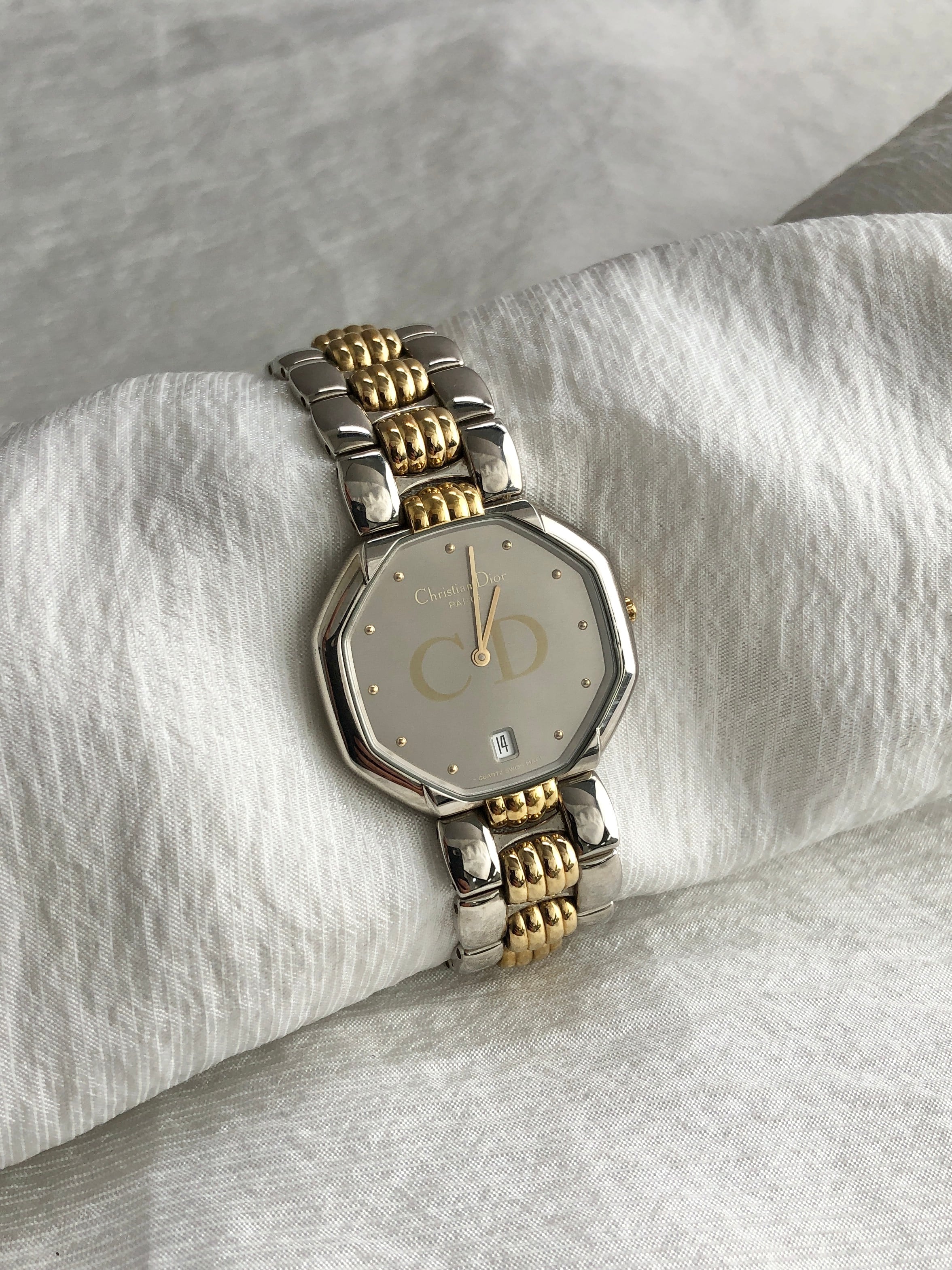 Christian Dior クリスチャン ディオール 腕時計 シルバー×ゴールド オクタゴン ステンレススチール クォーツ vintage ヴィンテージ オールド evzwxv