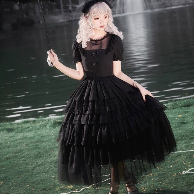 ゴスロリ通販 With U ファッション 半袖ワンピース フリル レース パフスリーブ 透け感 ゴスロリ 病みかわいい ガーリー ダークゴシック 原宿ファッション ろりぃた かわいい