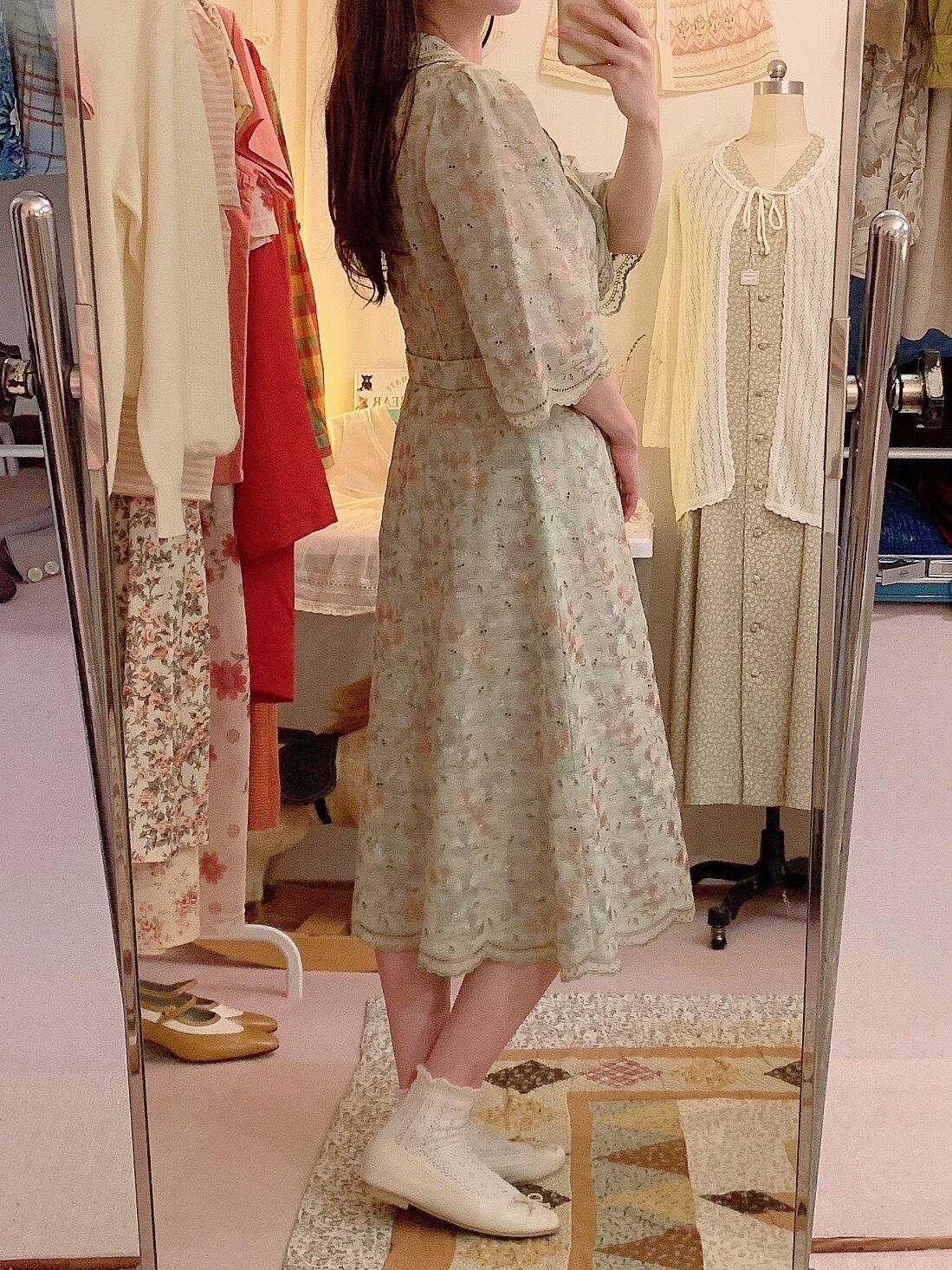 flower embroidery lace green one-piece