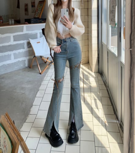 春秋新作 レディース ボトムス ズボン パンツ デニム ラッパ裾 ヴィンテージ