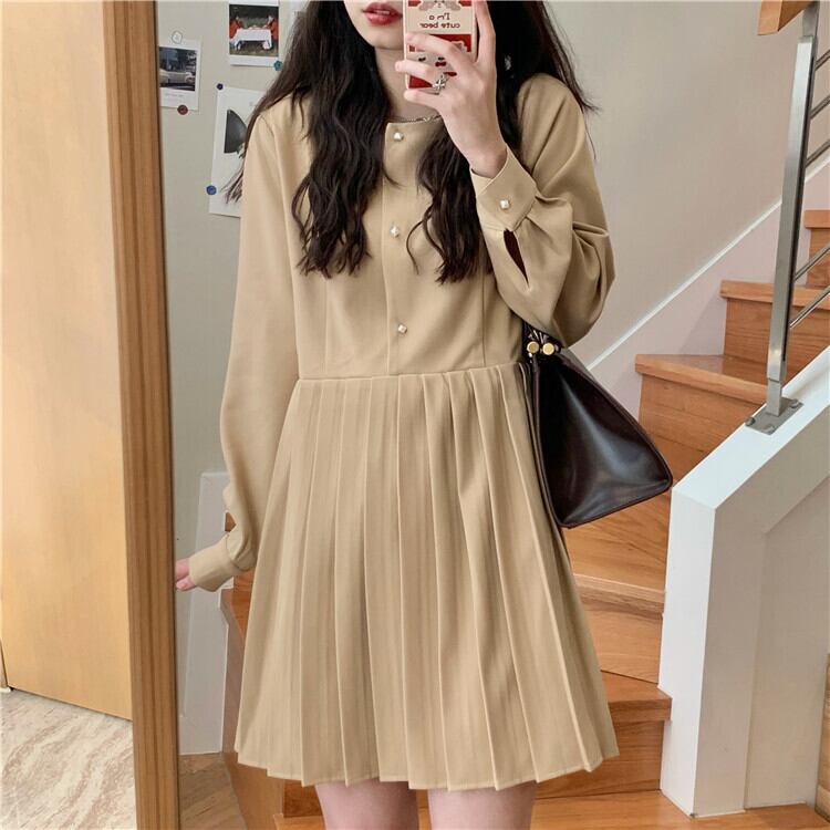 スタンダードプリーツドレス スプリングスタイルハイウェストスカート ロング レトロ 春物 萌量不足33308870557