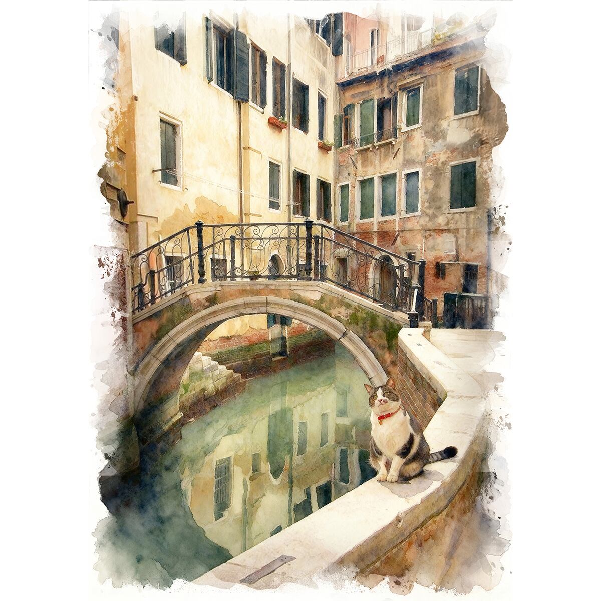 絵画 動物 街中の猫 インテリアアート額付き 水彩画風 WAT1783