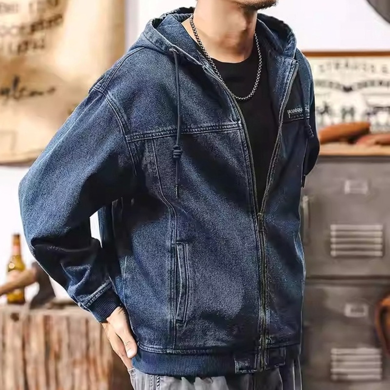 Hooded Zip-Up Hip-Length Denim Jacket ◇H0836