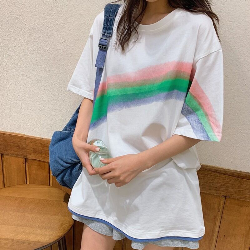 M 2xlサイズ 2col レインボープリントルーズtシャツ 0453 Hanarupi ハナルピ