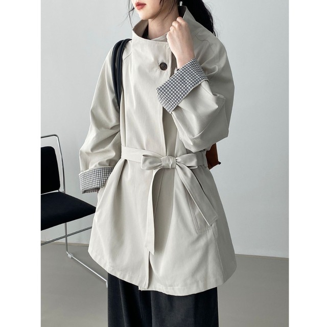 Roll up check one button midi trench coat   M010