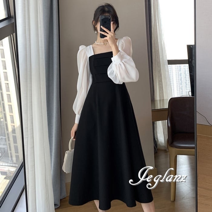 パーティドレス ワンピース バイカラー 透け感 クラシカル(M7659)ζ