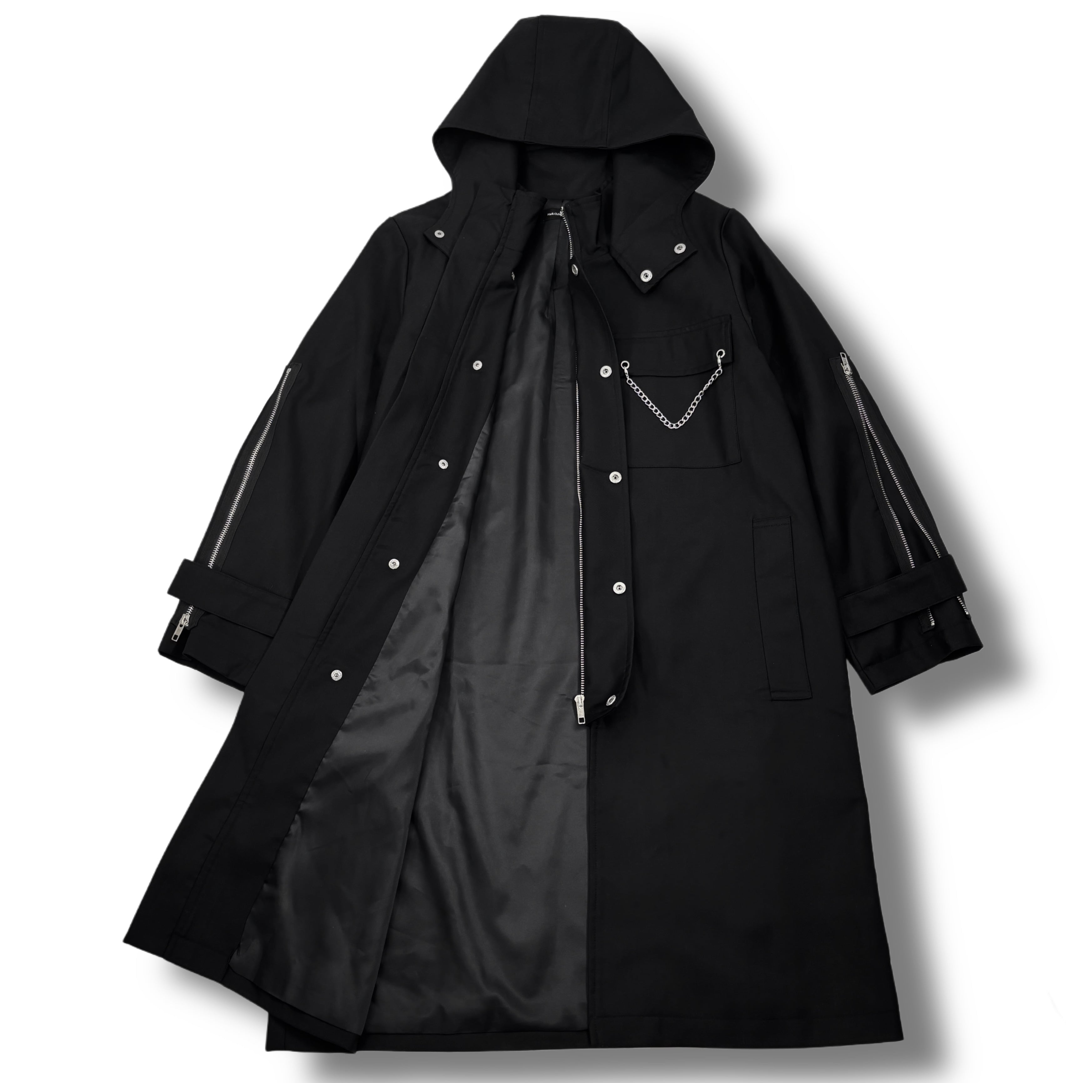 フード付きBLACK HIGHNECK SPRING LONG COAT【RUBBER LOGO】 | NIER