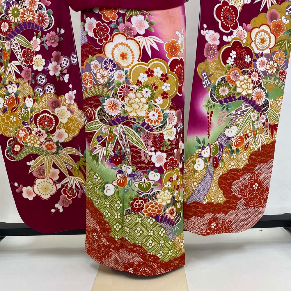 振袖 中古 大きい ラメ入り 赤 ピンク 絞り柄 桜 正絹 美品 LLサイズ