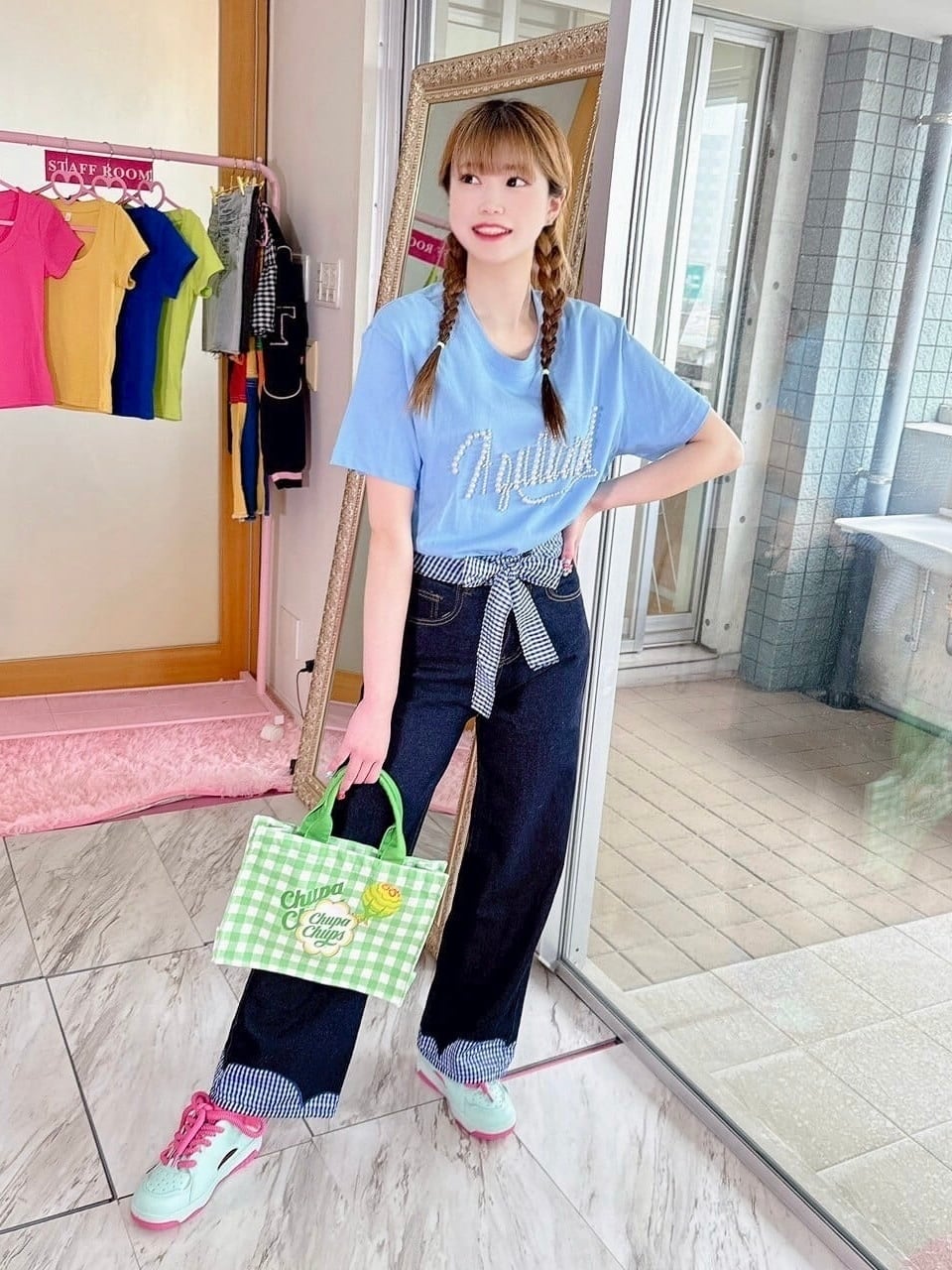 HOWTOVENUS ギンガムチェックデニムパンツ　春秋 Blueギンガムチェックデニムパンツ/韓国/レディースファッション