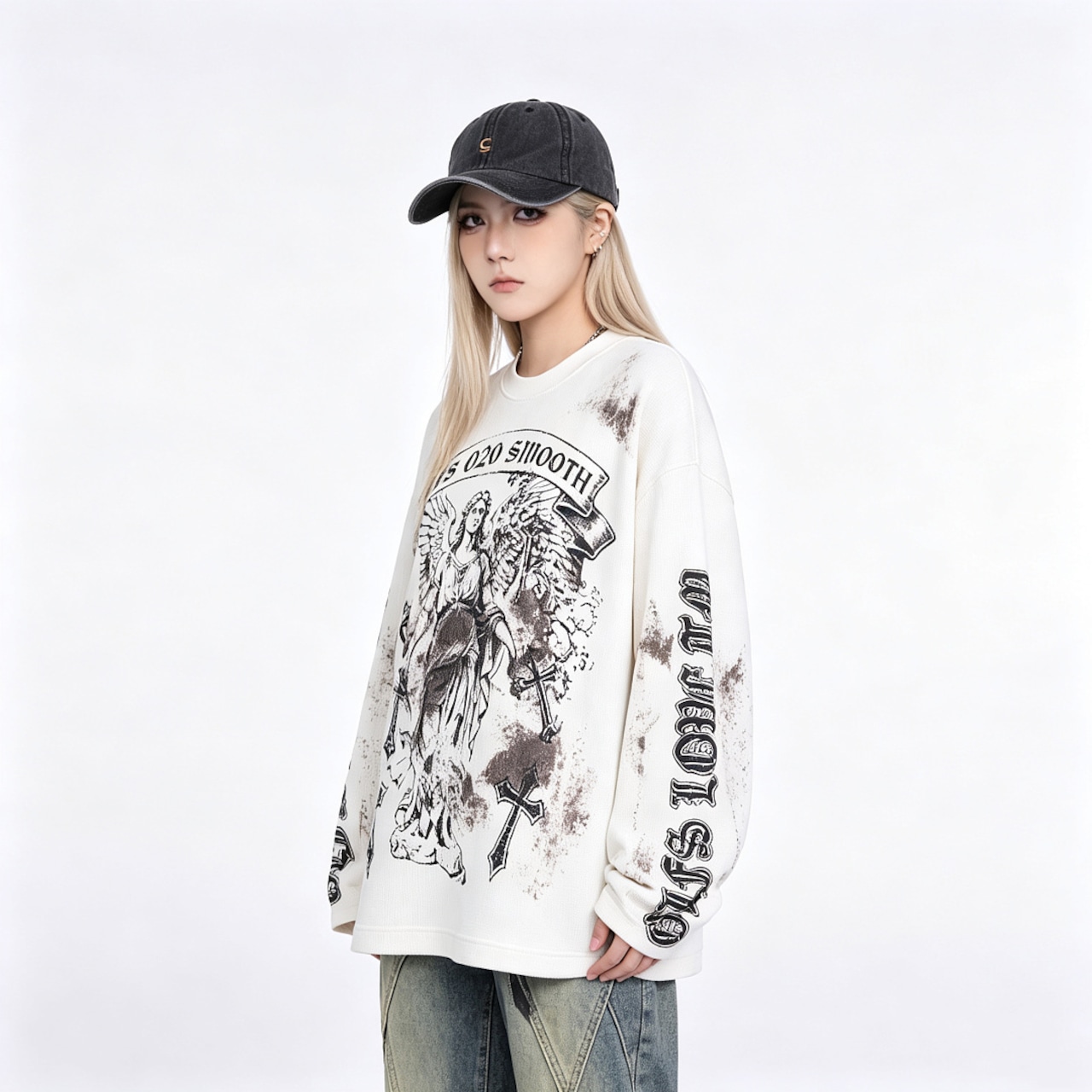 VINTAGE ストリート クロス女神 ワッフルロングTシャツ T2232