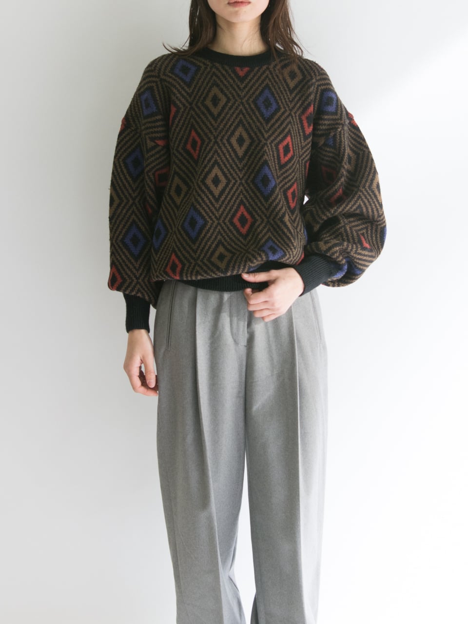 【Yves Saint Laurent】Geometric pattern pullover knit（イヴ・サンローラン ジオメトリック柄 クルーネック ニット プルオーバー）1c