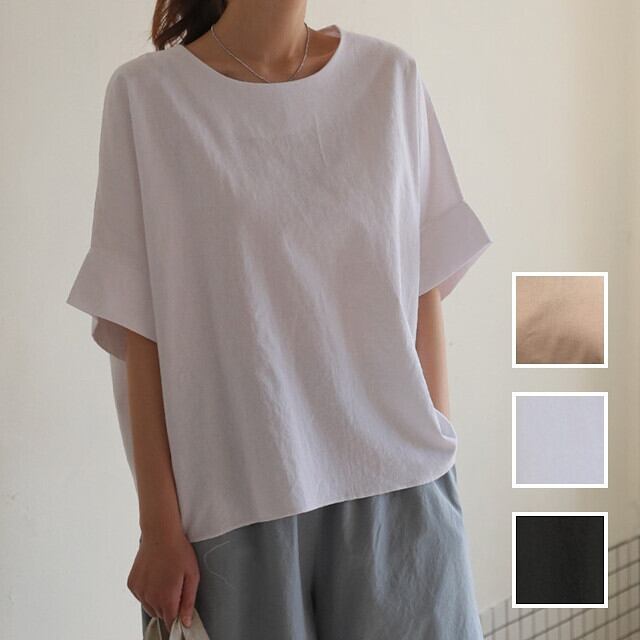 レディース トップス ブラウス シャツ リネン風 シンプル無地 半袖 五分袖 ドロップショルダー オーバーショルダー ホワイト/キャメル/ブラック L,XL