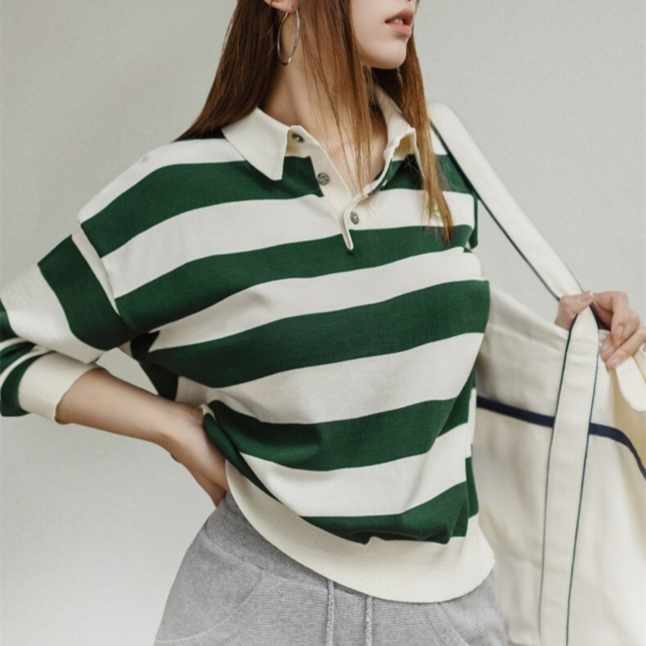 White and Green Striped Polo Shirt / ホワイト & グリーン ストライプ ポロシャツ