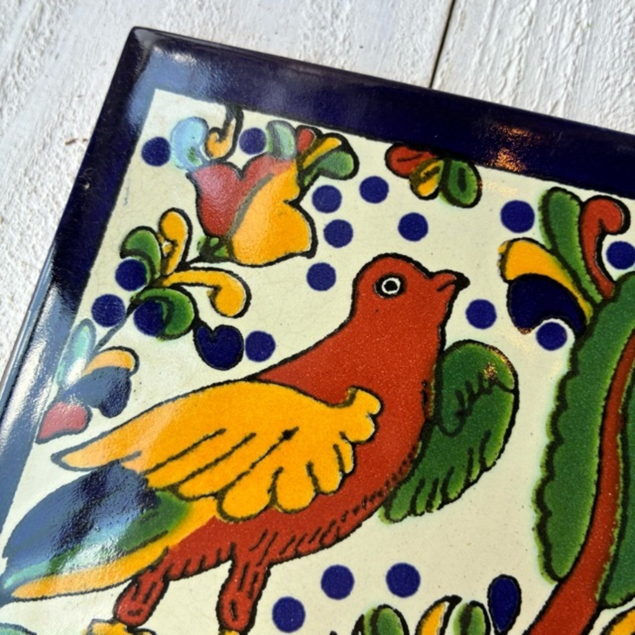 Mexico Talavera tile　メキシコタラベラタイル　N　バード　鳥　ネイビー　ホワイト　10cm　コースター　鍋敷き　DIY　モザイクタイル　柄タイル　室内壁　室外壁　デザインタイル　レトロ　アートタイル　ハンドメイド