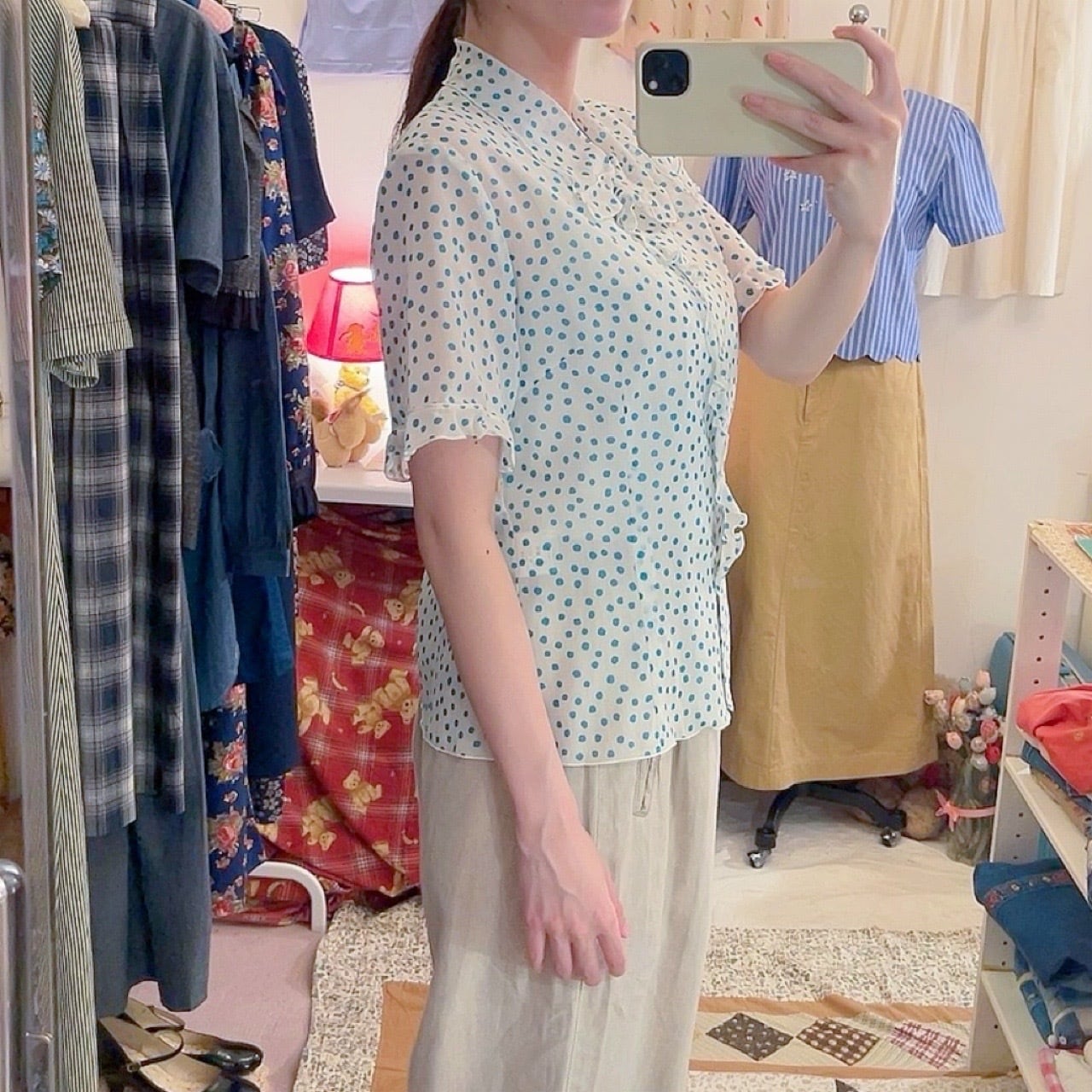water blue dot frill blouse