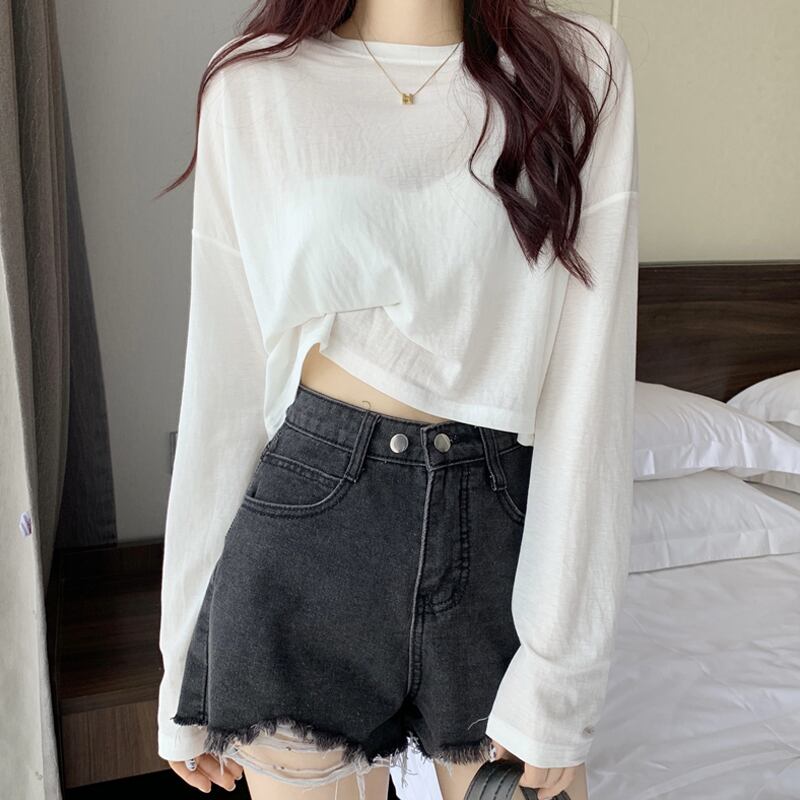 ホワイトTシャツ スプリングオータム薄手スタイルショート ロング 春物 秋物 試着室9905842695