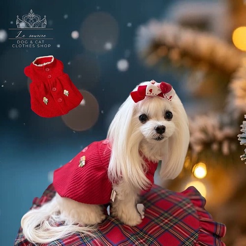 予約【№B06861】パフスリーブ袖　バーガンディ　クリスマス＆ハッピーニューイヤー　ニットワンピ