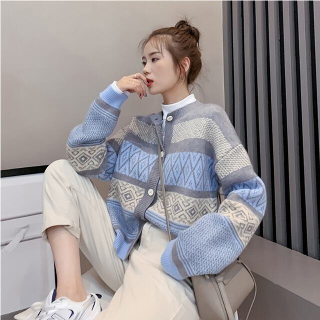 カーディガン レディース ニット あったか レトロ かわいい カジュアル 秋冬 ブラウン/グレー S/M/L/XL