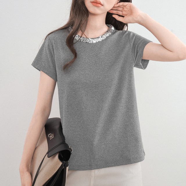 スパンコールクルーネックTシャツ　01441