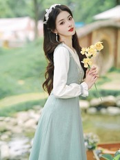 【0105】Gold Button Retro Toggle Long Sleeve Dress