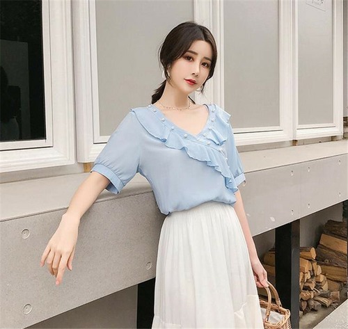 【春夏新品発売】韓国ファッション フリル　真珠 Ｖネック イレギュラー ゆったりする トップス