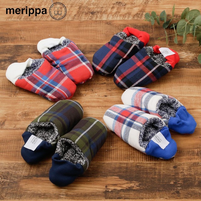 merippa メリッパ ルームシューズ スリッパ リバーシブル チェック パイル 日本製 洗える かかと付き 脱げにくい ふわふわ かわいい おしゃれ ギフト プレゼント レッド ネイビー ホワイト カーキ 202306MRP14/15/16/17 Mp010