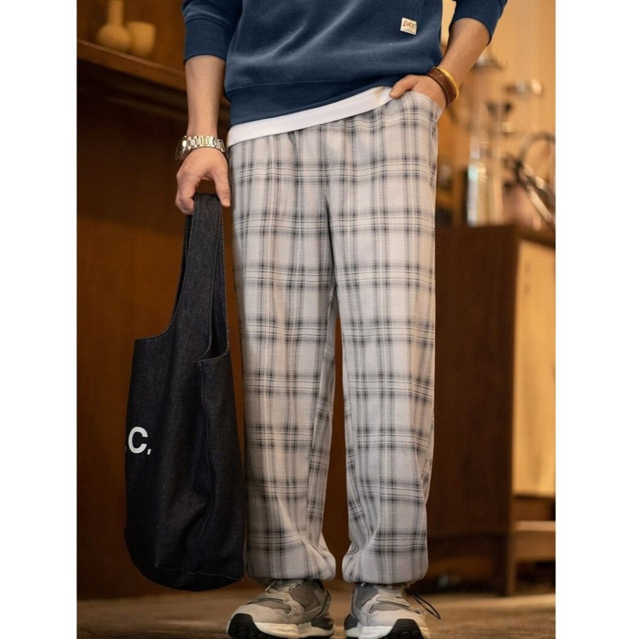 Plaid Drawstring Waist Wide Pants / チェック ドローストリング ウエスト ワイド パンツ