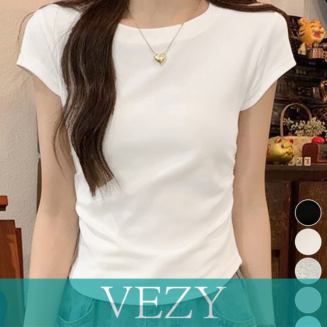 サイドギャザーtシャツ 半袖トップス夏服 ラウンドネックちびTシャツ 無地タイトtシャツ 韓国風シンプル 着やせ細見えTシャツ サイドタックカットソーTシャツ 半袖VEZY ベジー  ItemNo.【23059943】