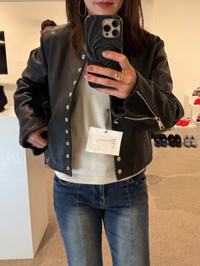 メゾンマヴェリックプレゼンツ  Collarless Snap-Button Leather Jacket