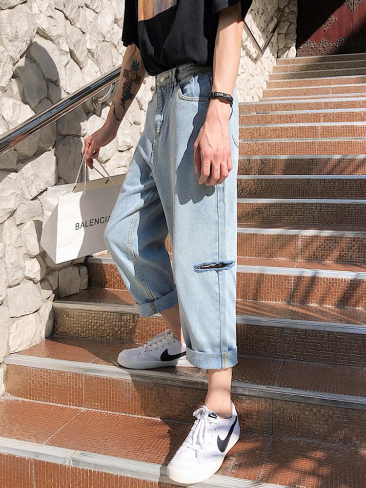 全1色 デニム パンツ ストレート カジュアル ダメージ おしゃれ