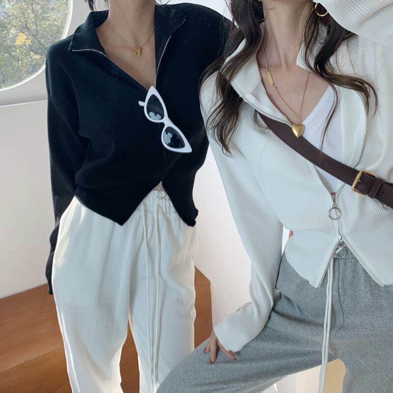 スタンダードリング ジッパーカーディガンソリッド カラースプリングニットトップス レディース レトロ 春物 指輪 ソリッドカラー ビッグFスモールZ韓国70999246266