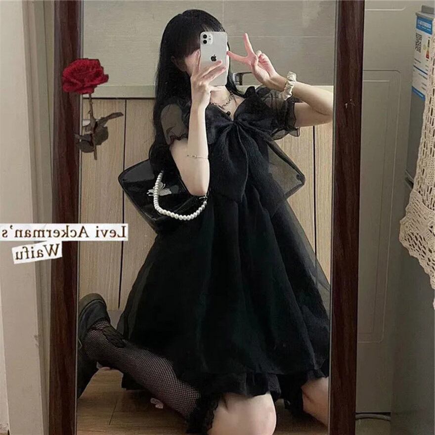 サブカル 服 地雷系 通販 ミニワンピース 半袖 ドレス リボン レース 透け感 シアー クラロリ ガーリー かわいい