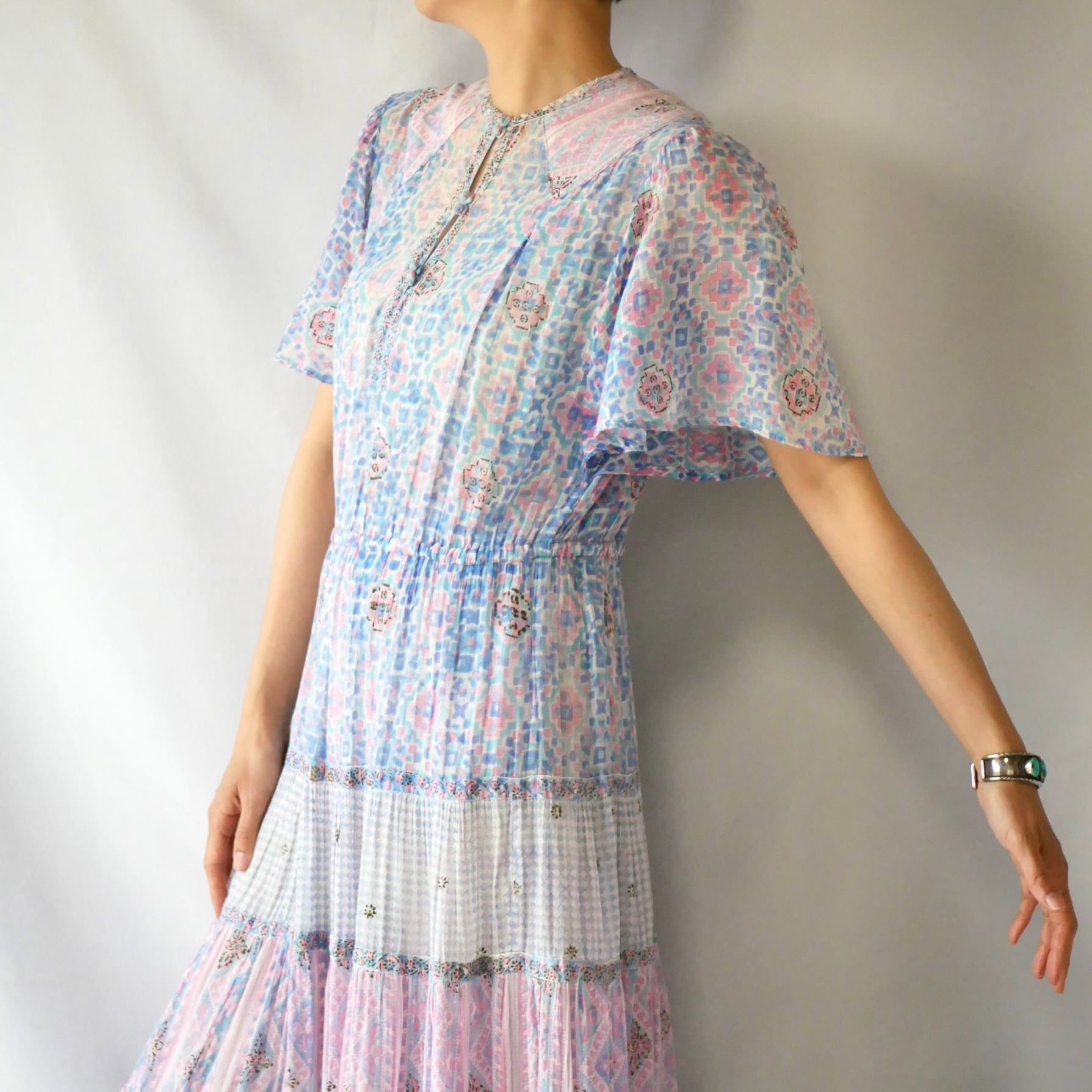 70s indian cotton pink blue onepiece ヴィンテージピンクブルー