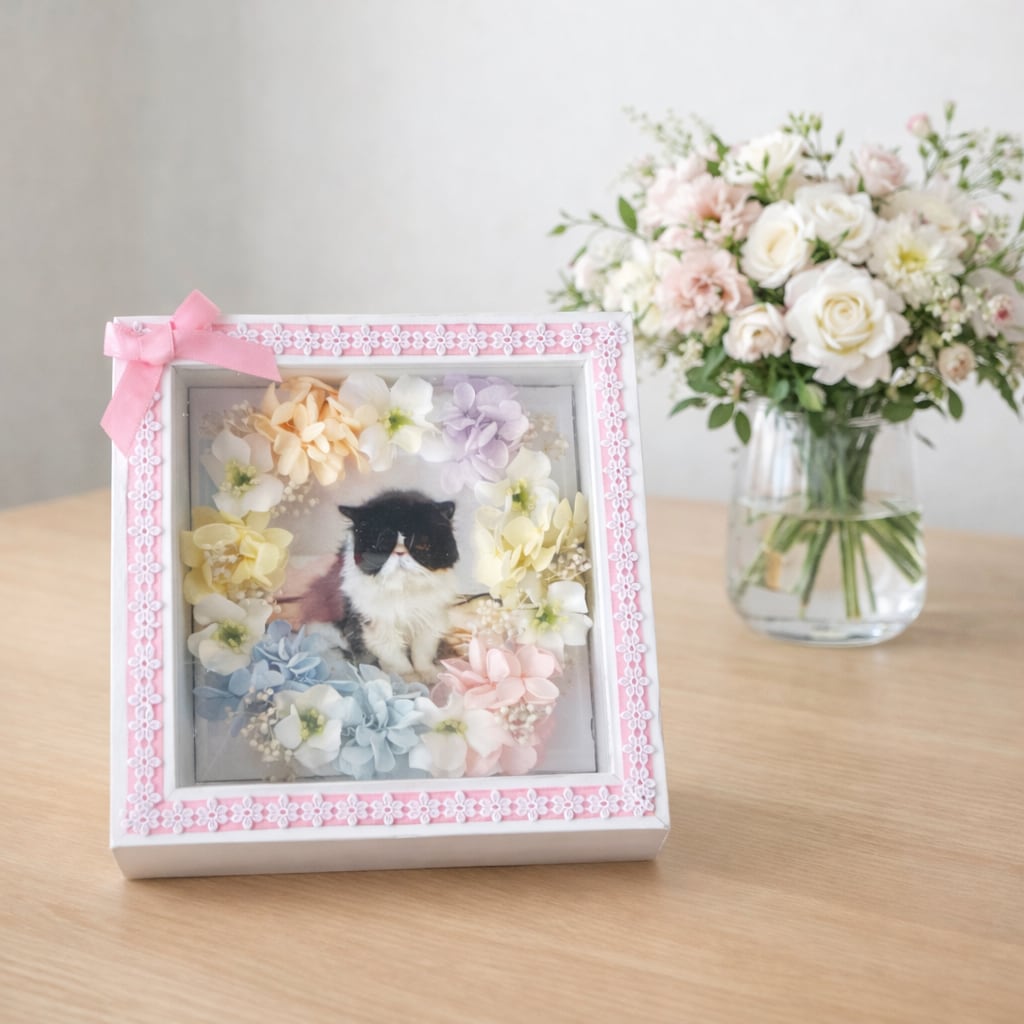 うちの子フラワーフレーム【PE-602】縦横15cm│ペットメモリアル│ お祝いギフト|木枠ガラスフレーム| メッセージ入り|バレンタイン│記念日│誕生日に