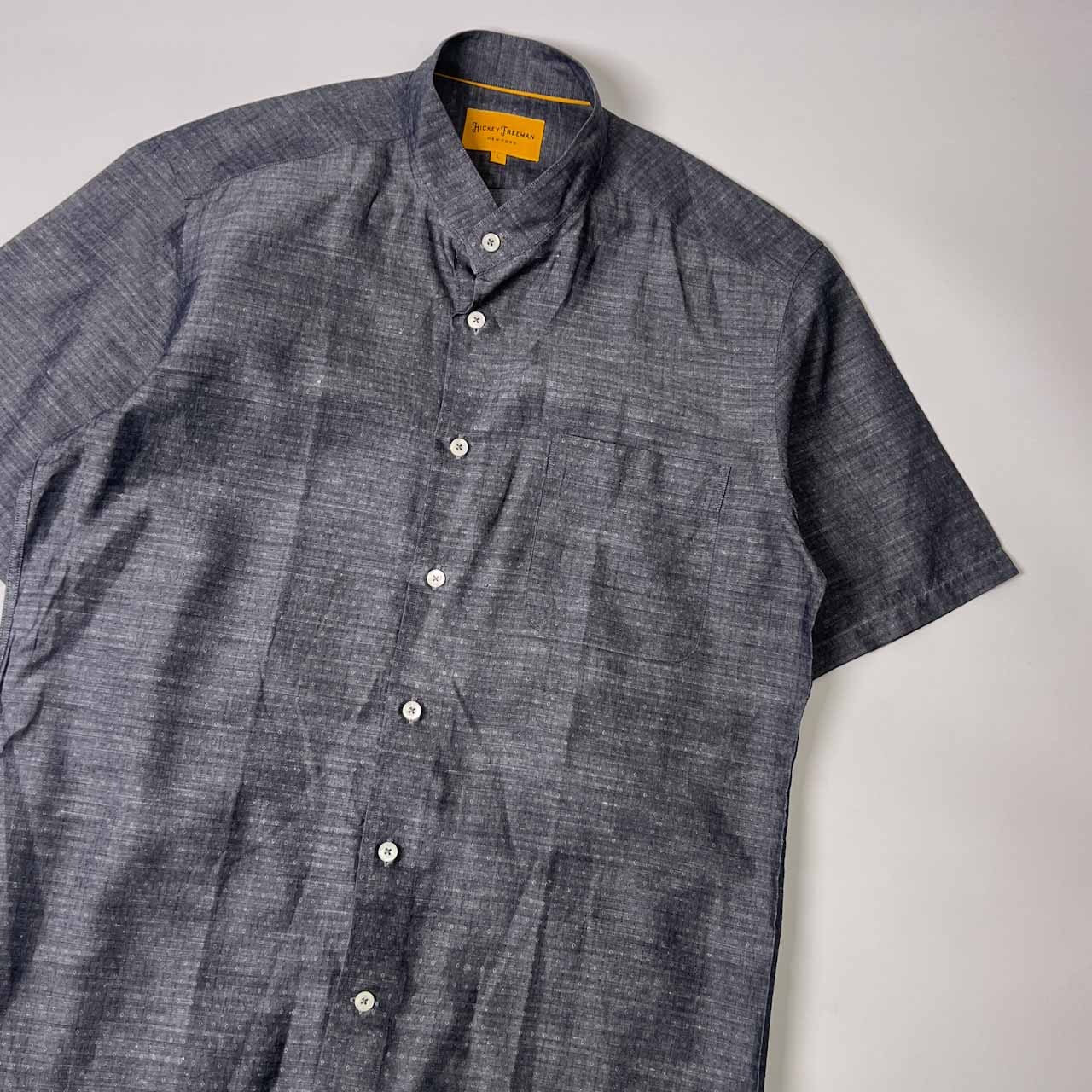 リネン混 HICKEY FREEMAN ヒッキー フリーマン バンドカラー ドット風 デザイン 半袖シャツ L/グレー メンズ