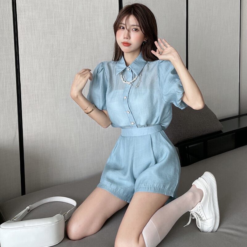 サマースリーブシャツ レディースハイウェストウェストカジュアルショーツ 大人ガーリー スウィート キュート 夏物 ブルマー ガールズファッション75459495924