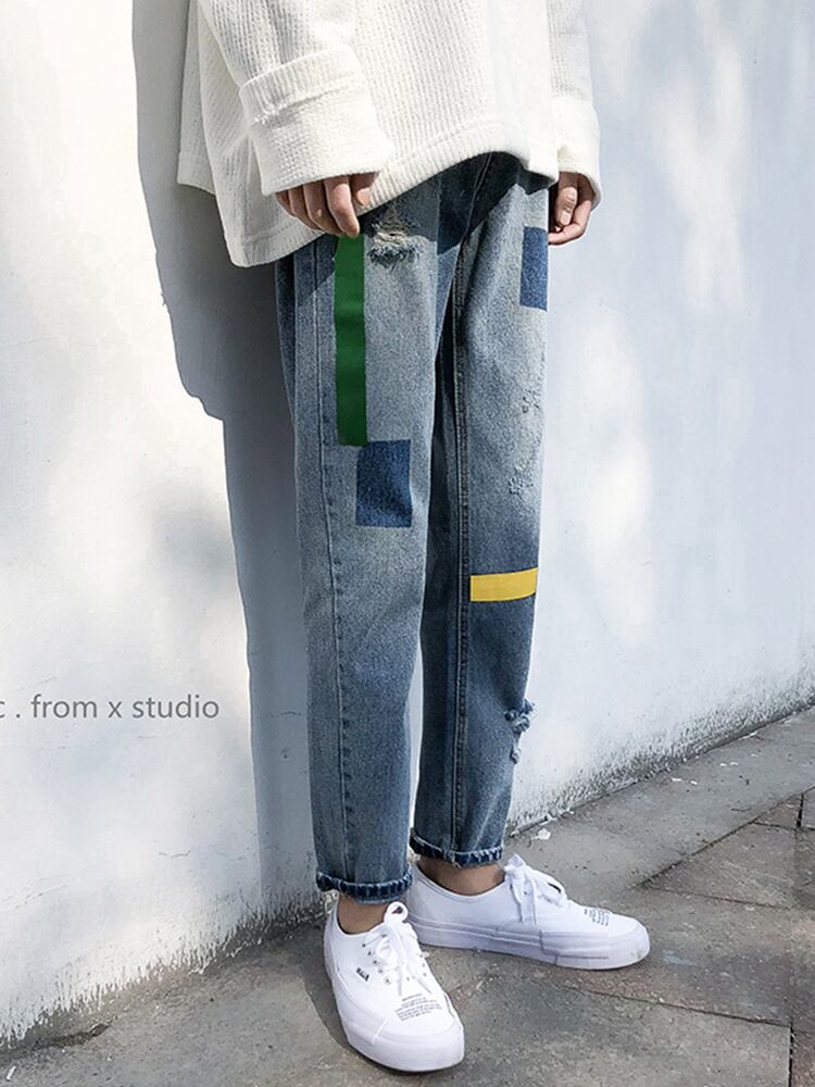 全1色 デニム パンツ ストレート カジュアル サイドライン