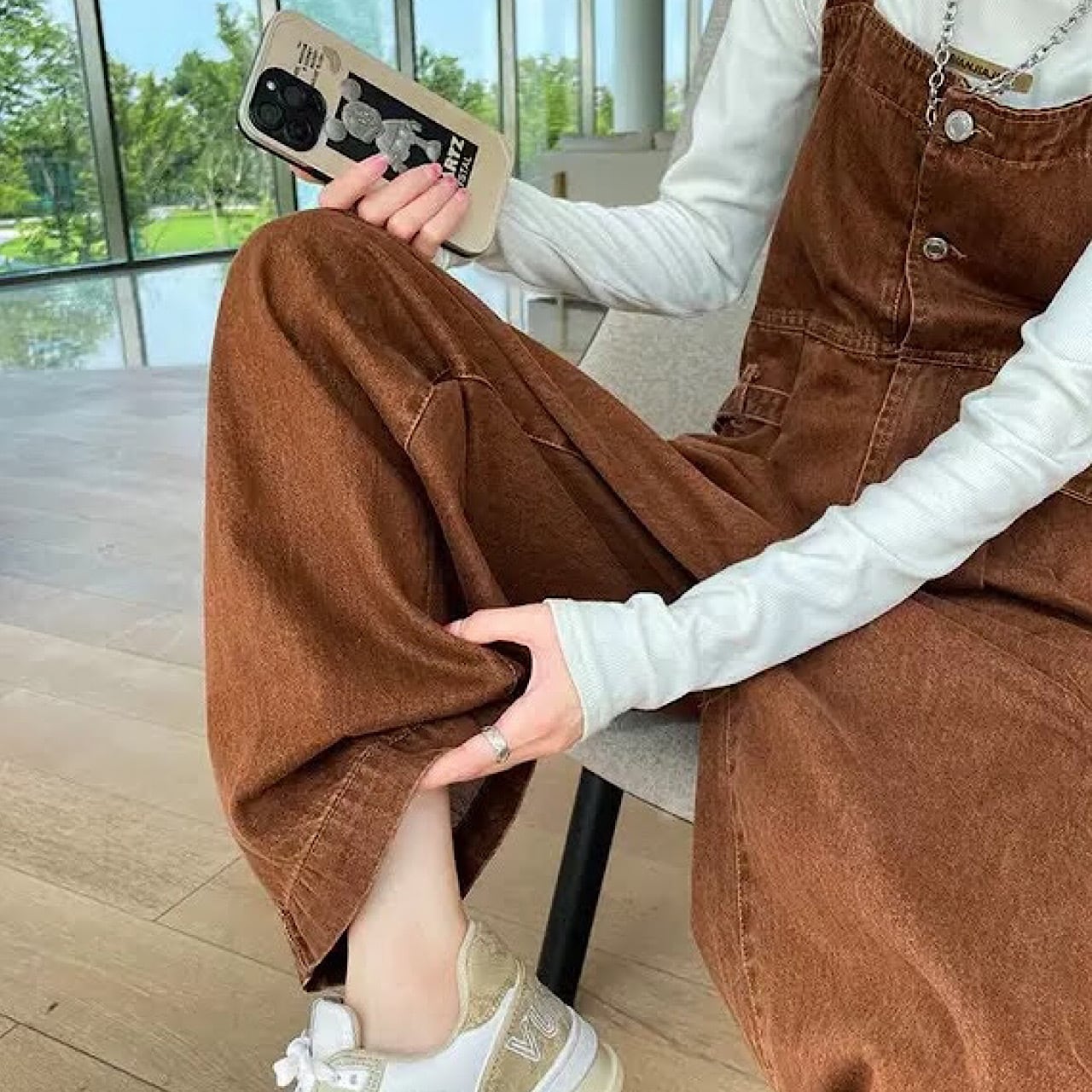 ハイウエスト ストレート デニム レトロ ブラウン 韓国 サロペット