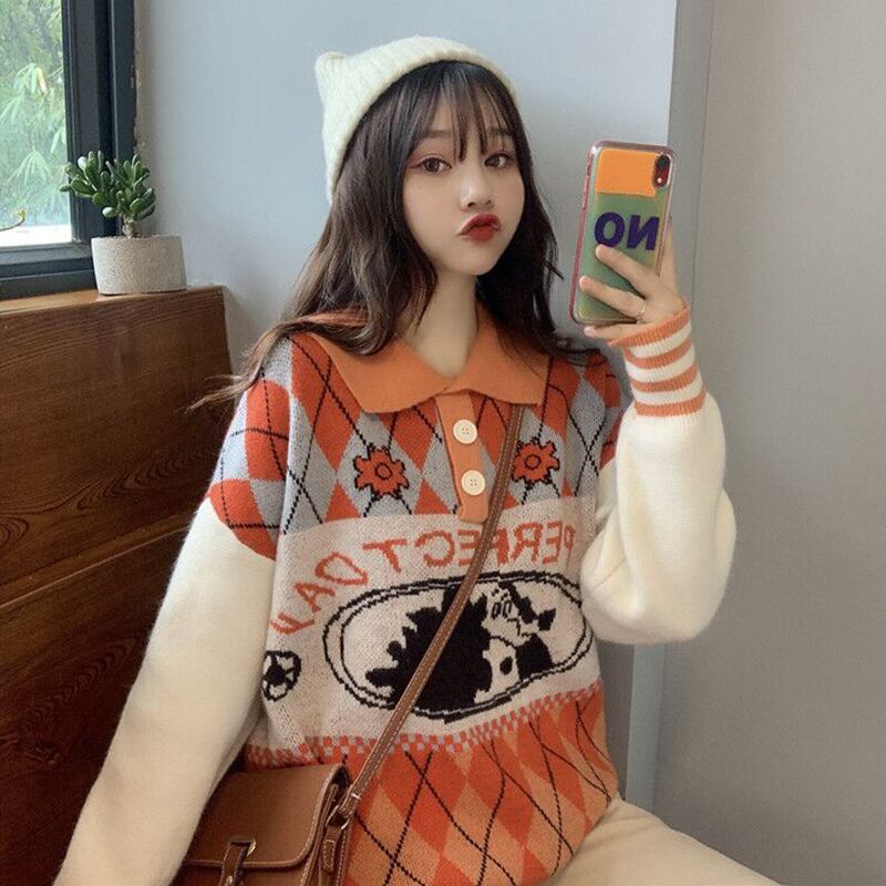 年齢を減らすレトロなセーターの女性は、怠惰な風の長袖のシックなルーズポロカラーのセーターを着ています秋と冬の学生 萌量不足61930171041